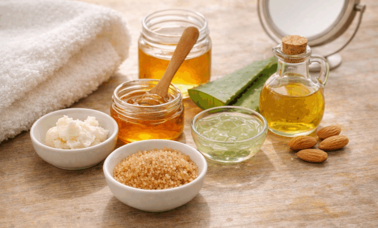 Ingredienti naturali per la cura delle labbra su tavolo in legno chiaro: miele, burro di karité, aloe vera, zucchero di canna e olio di mandorle con asciugamano bianco in luce naturale