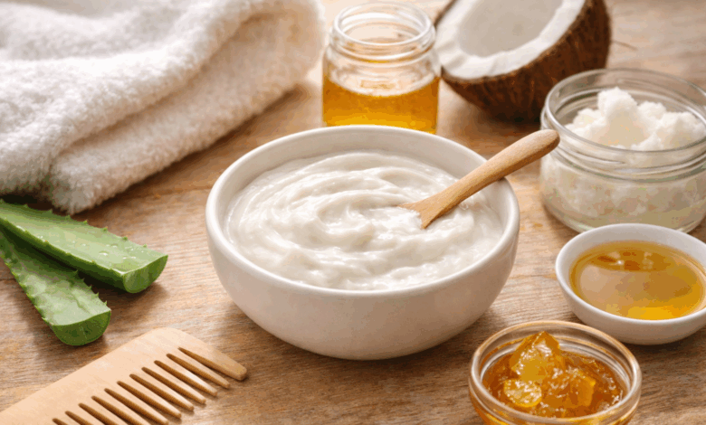 Ciotola con maschera per capelli all’olio di cocco su tavolo in legno chiaro, con aloe vera, miele, pettine in legno e asciugamano bianco in luce naturale