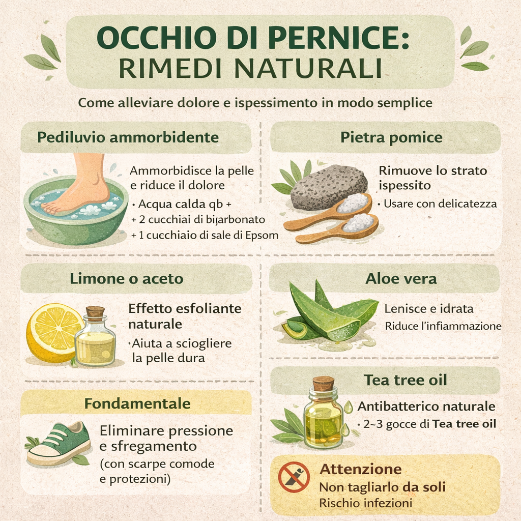 Infografica sui rimedi naturali per l’occhio di pernice con pediluvio, aloe vera, limone, calendula e tea tree oil