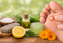 Occhio di pernice sul piede con rimedi naturali: aloe vera, limone, pietra pomice e olio essenziale
