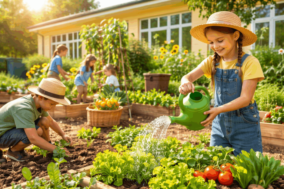 Bambini che coltivano un orto scolastico con annaffiatoio in un giardino educativo all’aperto