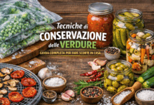 Barattoli di verdure sottaceto, pomodori secchi, olive in salamoia e sacchetti di verdure congelate su tavolo in legno – tecniche di conservazione delle verdure fatte in casa