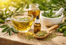 Tisana con estratto di foglie di olivo in tazza di vetro con foglie fresche e olio d’oliva su tavolo in legno illuminato dal sole