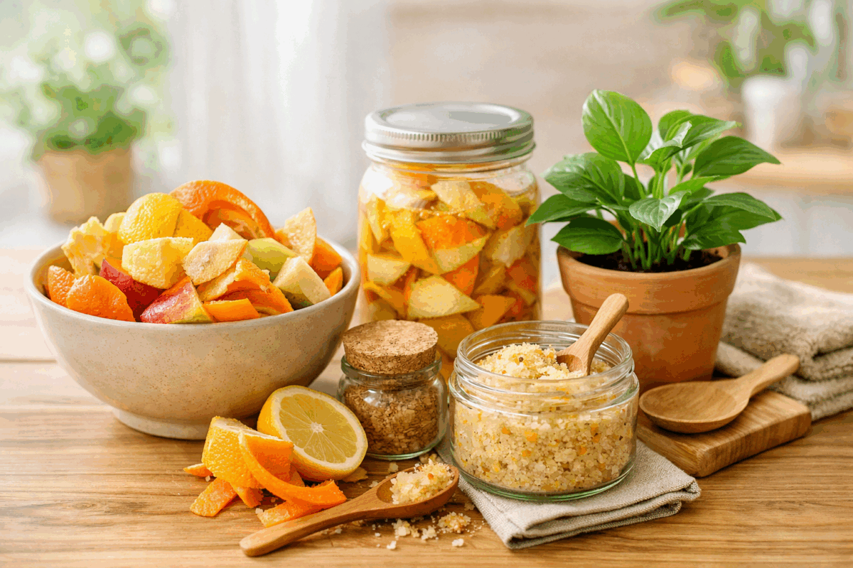 scarti di frutta e verdura riutilizzati per detergenti naturali cosmetici e giardinaggio