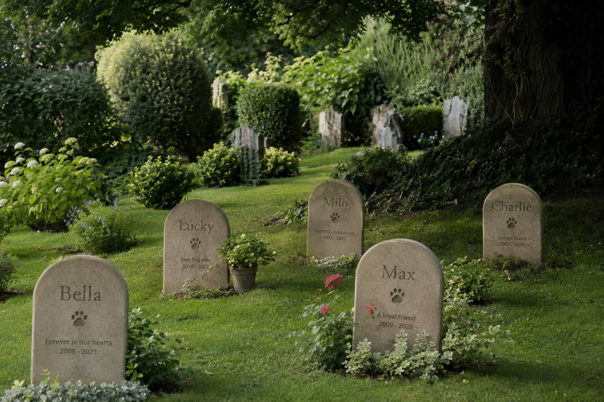 Cimitero per cani in stile anglosassone con piccole lapidi dedicate agli animali domestici, immerso in un giardino verde e ombreggiato, immagine di copertina per il cimitero per animali di Milano