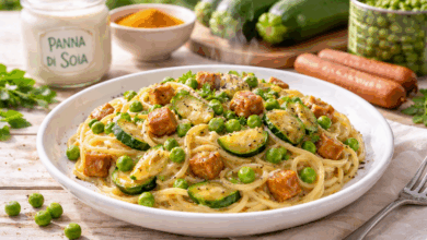 Piatto fumante di spaghetti alla carbonara vegetale con cubetti di seitan, zucchine e piselli, su tavolo in legno con panna di soia, curcuma e ingredienti vegetali sullo sfondo