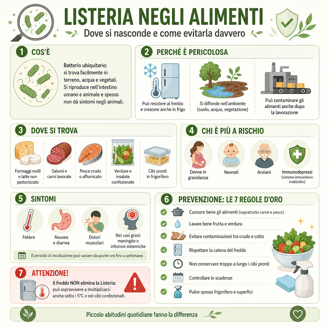 Infografica sulla Listeria negli alimenti con sintomi, cibi a rischio e regole di prevenzione in cucina