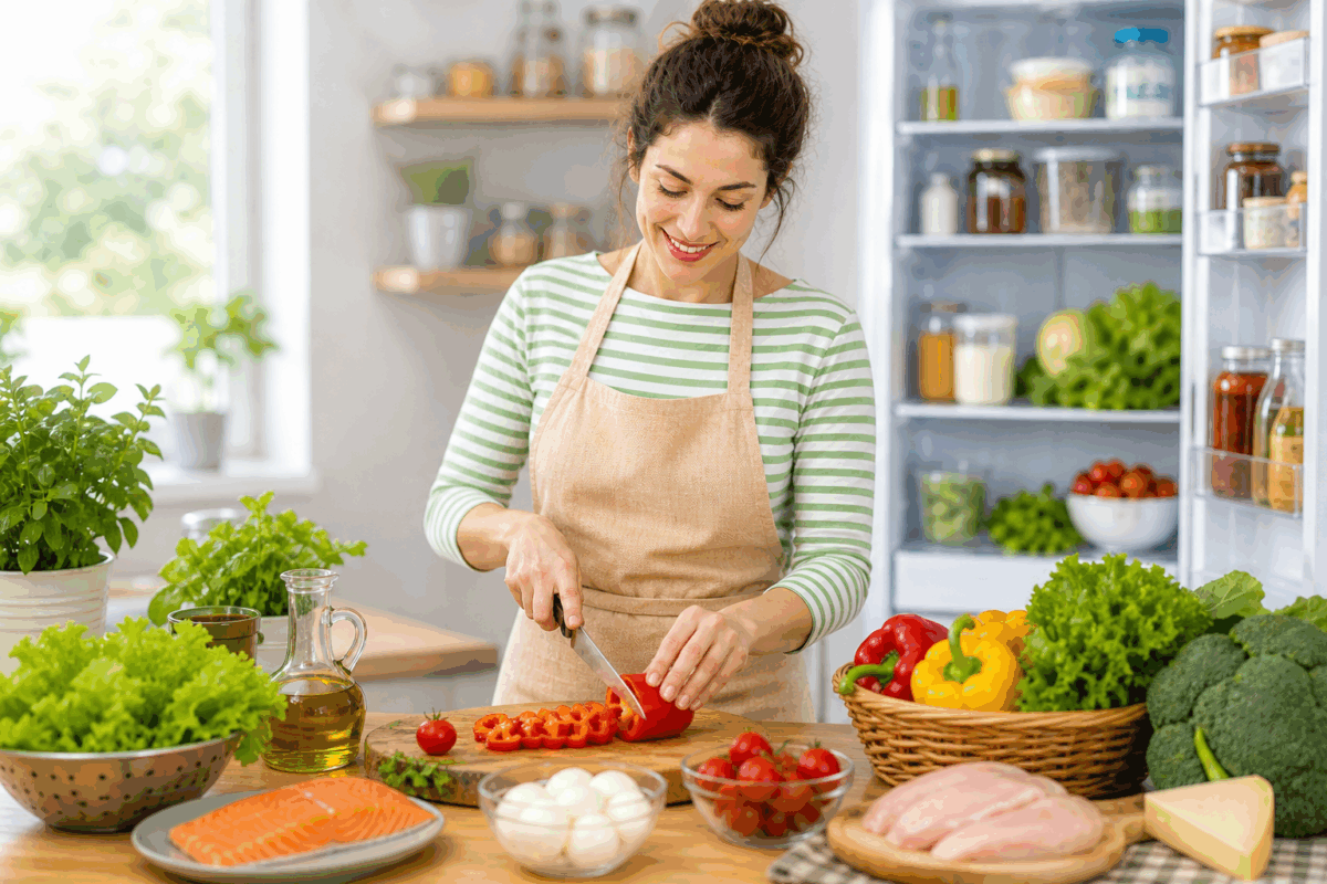 Donna che prepara cibo fresco in cucina con verdure, carne e pesce, esempio di sicurezza alimentare e prevenzione listeria