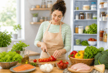 Donna che prepara cibo fresco in cucina con verdure, carne e pesce, esempio di sicurezza alimentare e prevenzione listeria