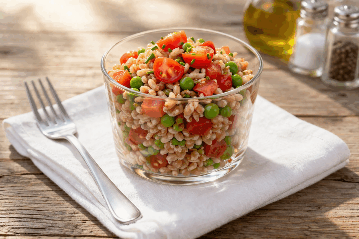 Insalata di farro estiva con pomodorini, mozzarella a cubetti, piselli ed erba cipollina su tovaglia verde salvia