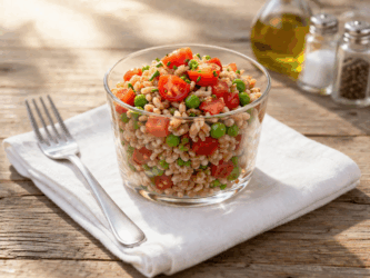Ricetta della insalata di farro con pomodorini mozzarella e piselli