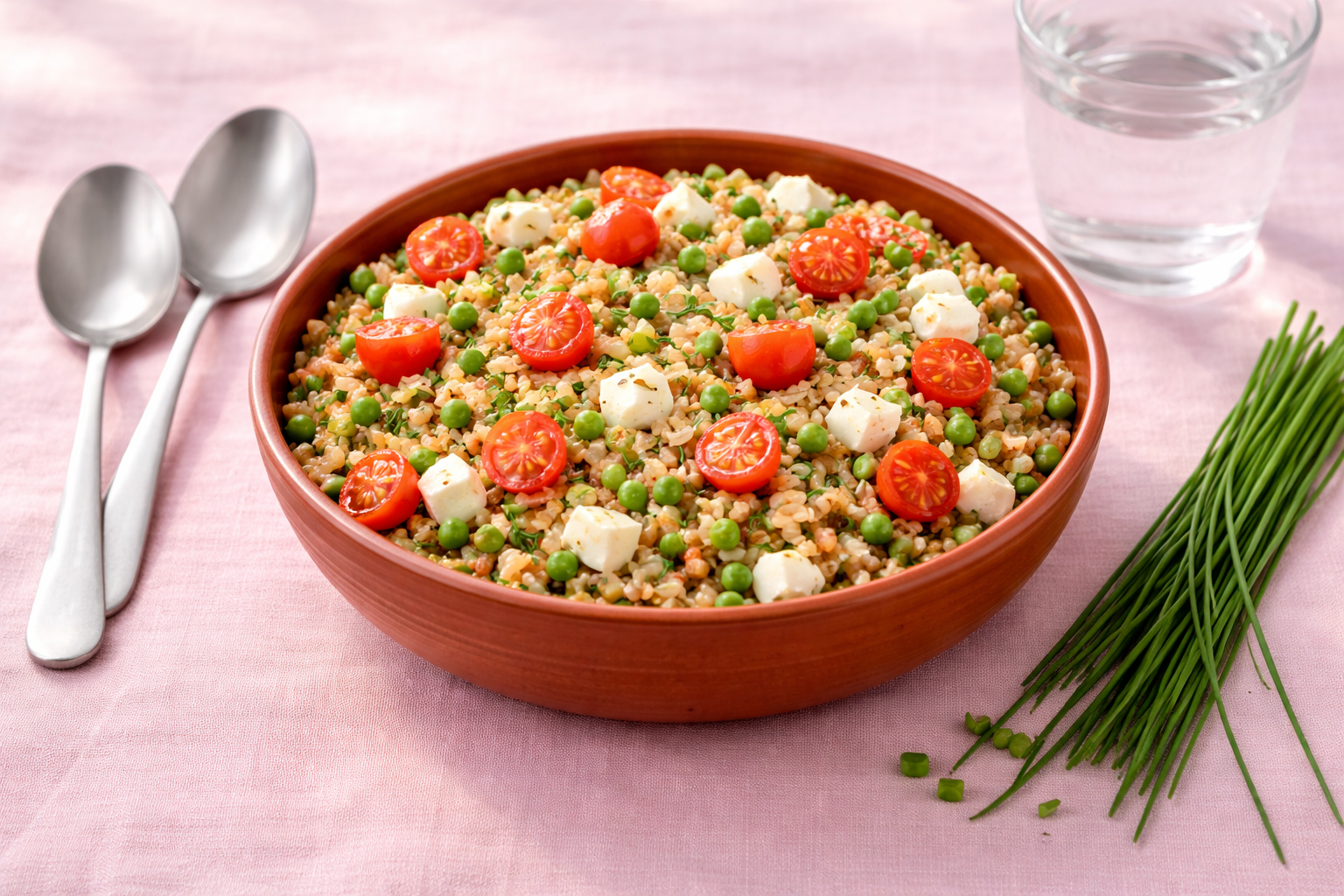 Insalata di farro estiva con pomodorini, mozzarella a cubetti, piselli ed erba cipollina in ciotola di terracotta su tovaglia rosa