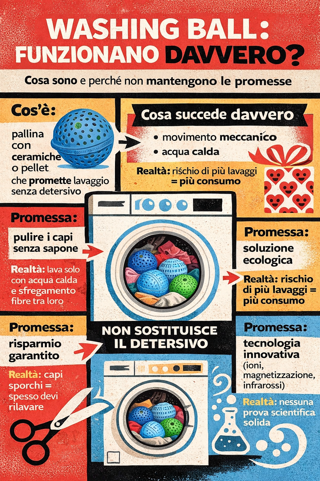 Infografica washing ball lavatrice che smonta i miti: non sostituisce il detersivo e non funziona come promesso