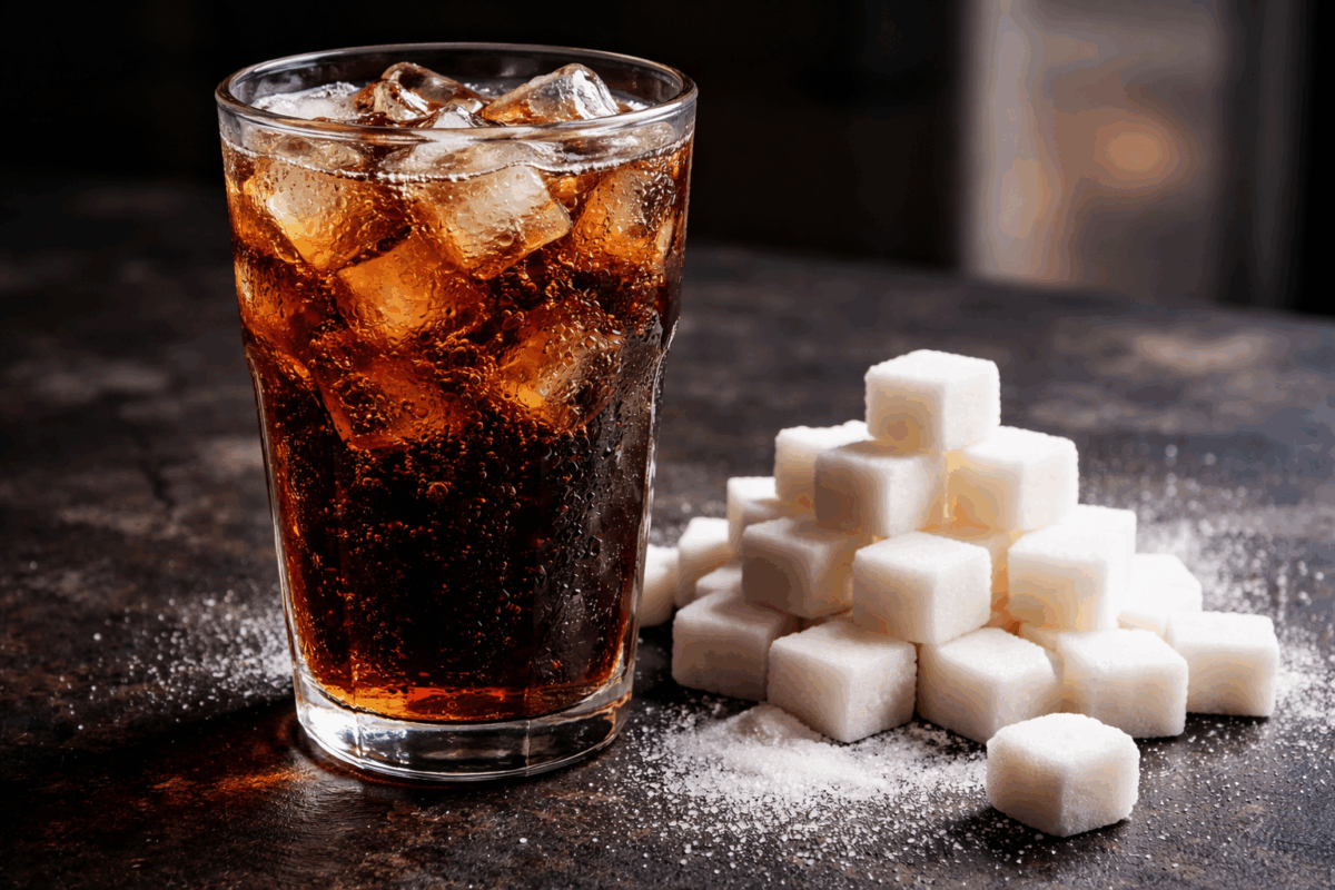 Bicchiere di Coca-Cola con ghiaccio accanto a cubetti di zucchero che rappresentano la quantità di zuccheri presenti nella bevanda
