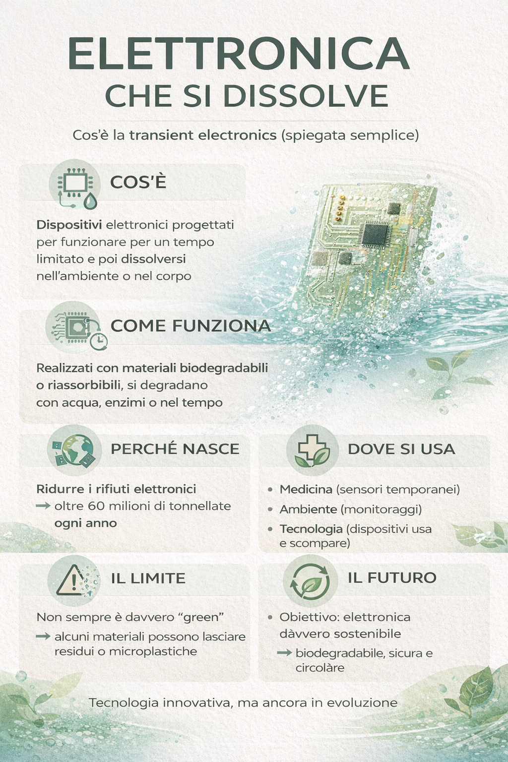 Infografica sull’elettronica che si dissolve: cos’è la transient electronics, come funziona, applicazioni, limiti e futuro