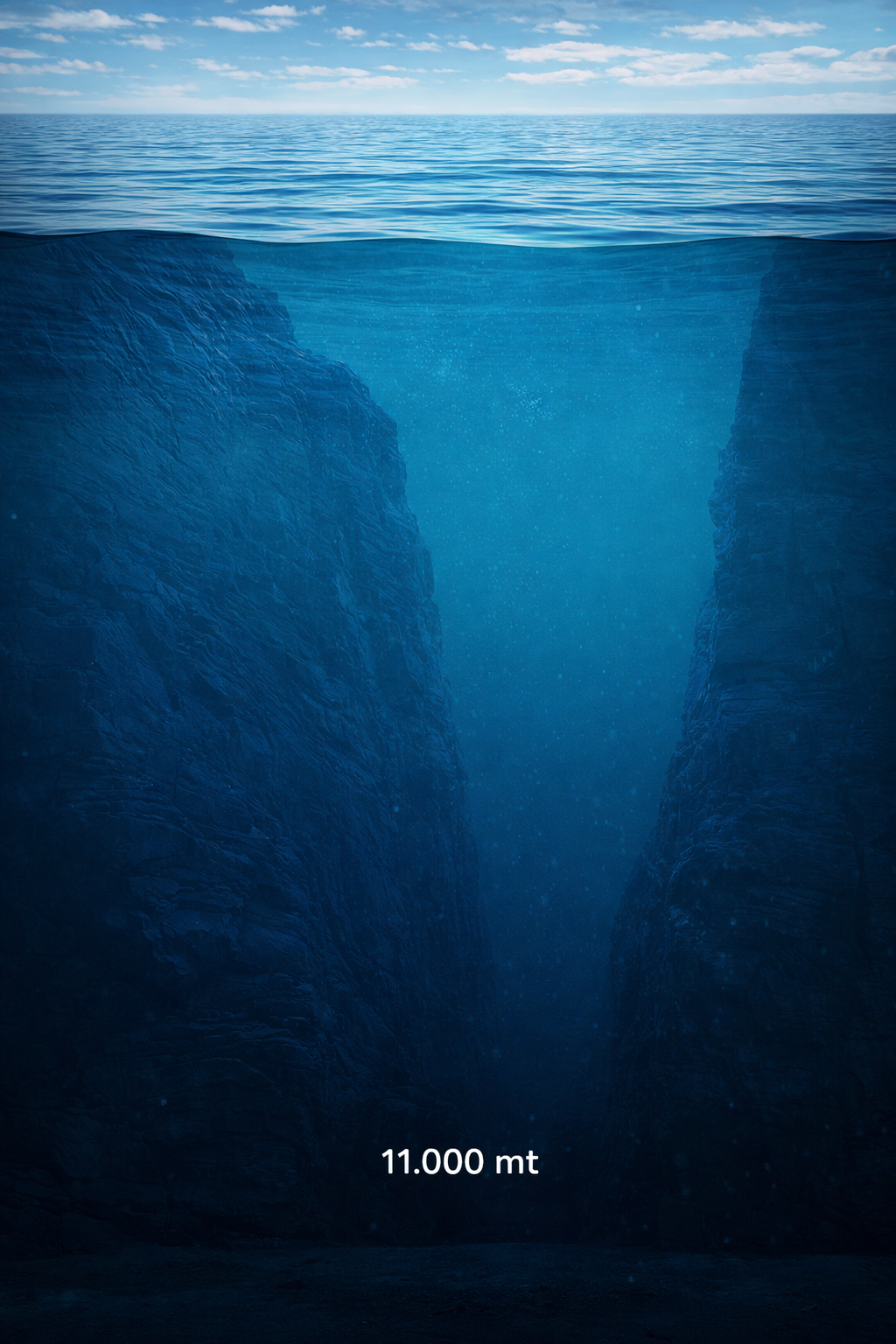 Ricostruzione della Fossa delle Marianne con profondità di 11.000 metri, uno degli ambienti più estremi e incontaminati della Terra