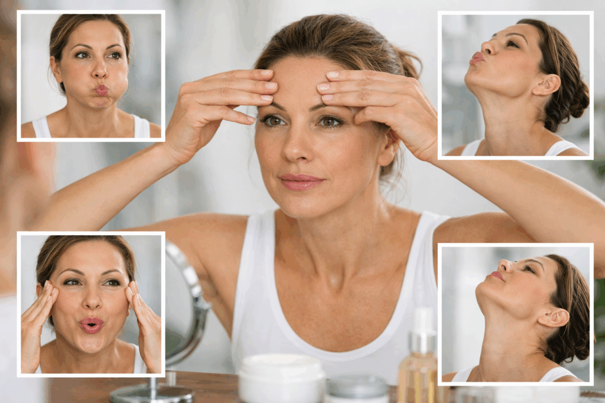 Donna che esegue esercizi di ginnastica facciale antirughe davanti allo specchio per tonificare fronte, guance e collo