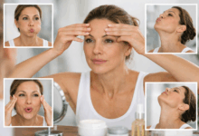 Donna che esegue esercizi di ginnastica facciale antirughe davanti allo specchio per tonificare fronte, guance e collo