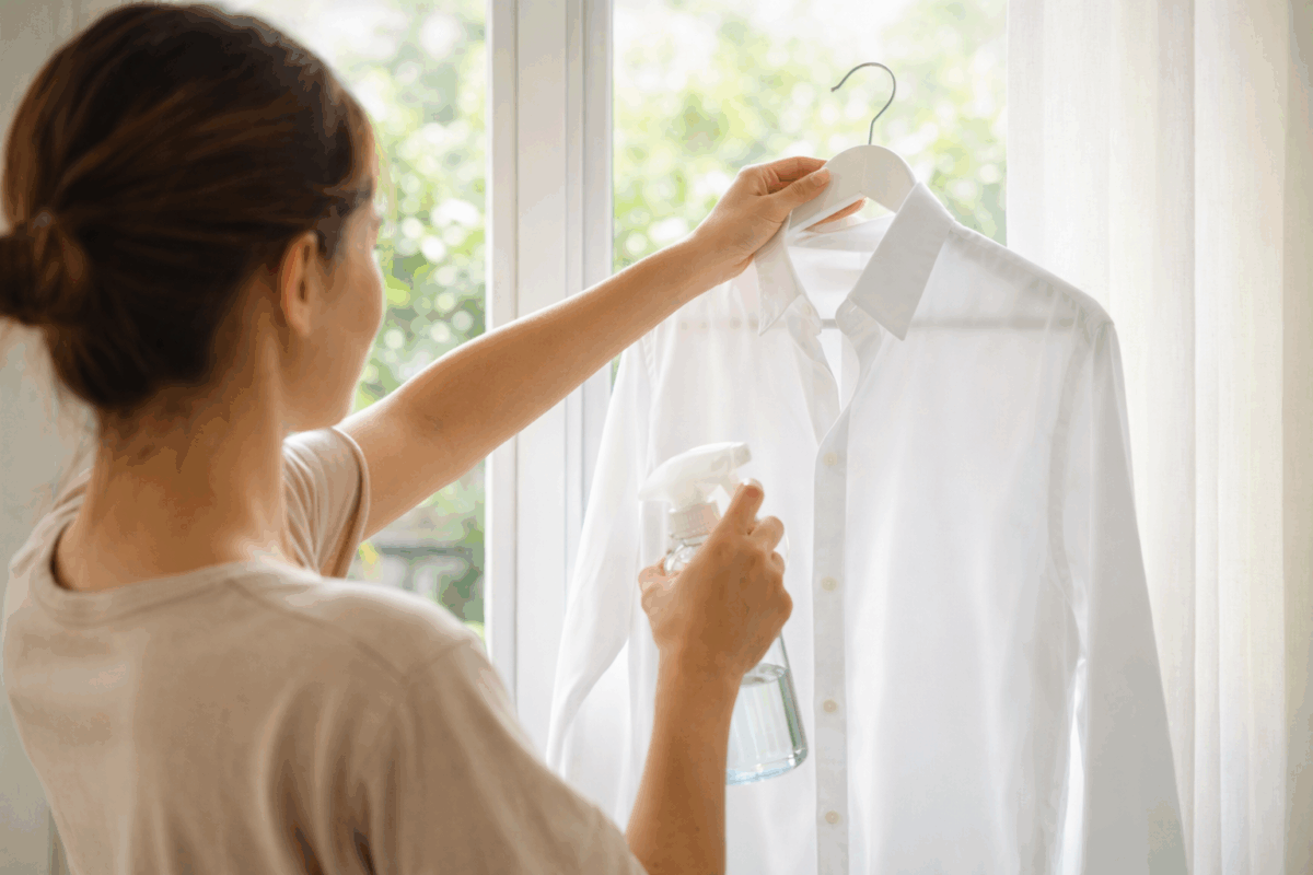 Persona che spruzza uno spray naturale su una camicia bianca appesa vicino a una finestra luminosa per eliminare le pieghe senza usare il ferro da stiro