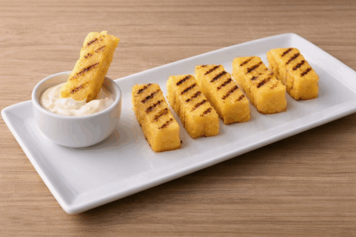 Bastoncini di polenta grigliata con righe dorate serviti su piatto bianco con salsa allo yogurt, ricetta antispreco con avanzi di polenta.