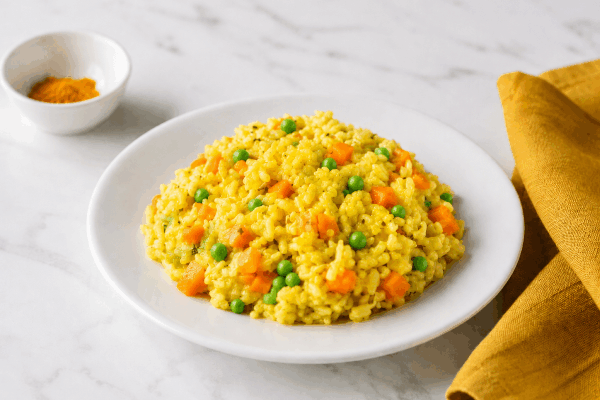 Piatto bianco di porcellana con risotto alla curcuma, carote e piselli su tavolo di marmo bianco, con una ciotolina di curcuma e un tovagliolo di lino giallo senape accanto