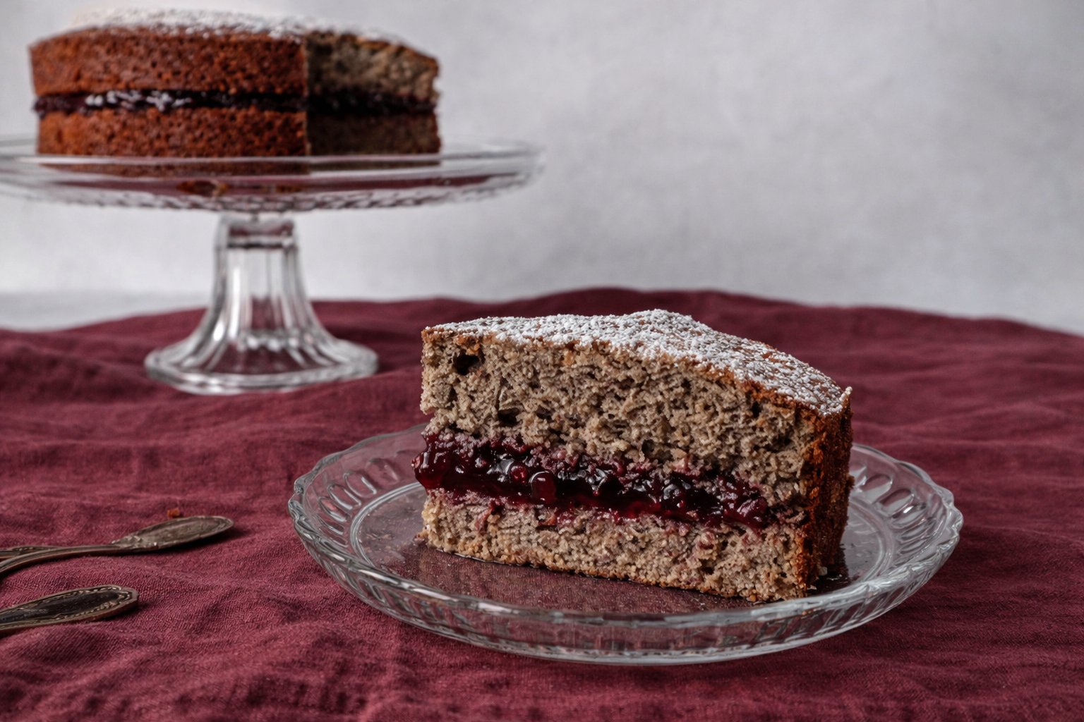 Fetta di torta di grano saraceno senza glutine con marmellata di mirtilli su piatto in vetro e tovaglia bordeaux
