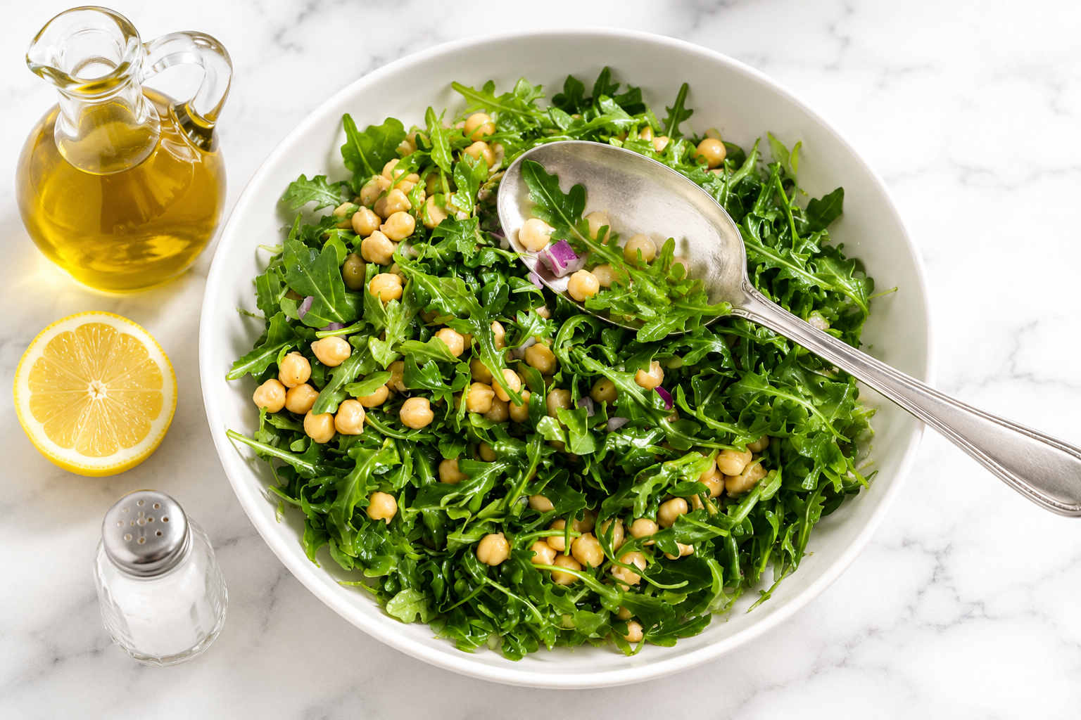 Insalata di ceci e rucola in ciotola bianca su piano di marmo, con cucchiaio d’argento, oliera, mezzo limone e saliera