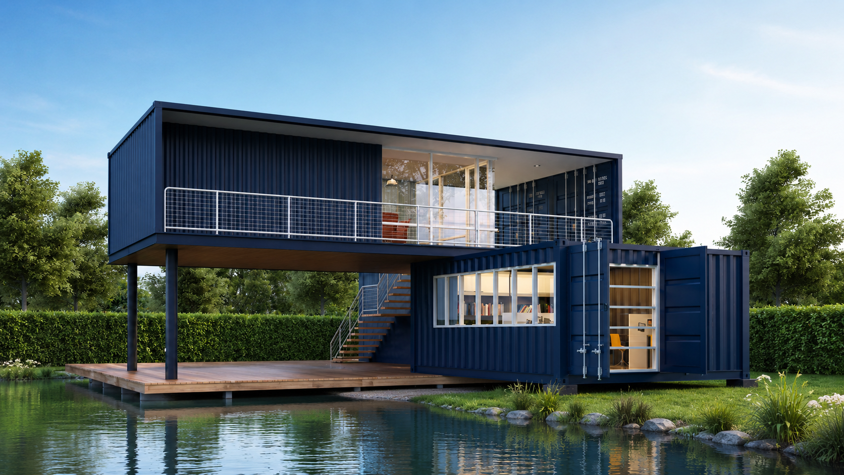 Casa moderna in container blu scuro su due livelli, con deck in legno accanto a un laghetto e siepe verde sullo sfondo