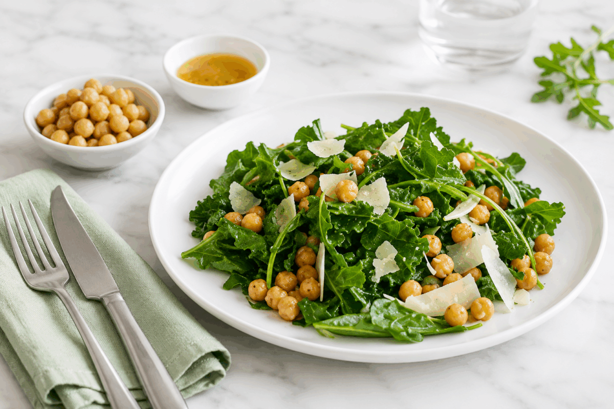 Insalata di ceci, rucola e scaglie di formaggio servita su piatto bianco, con vinaigrette, ceci