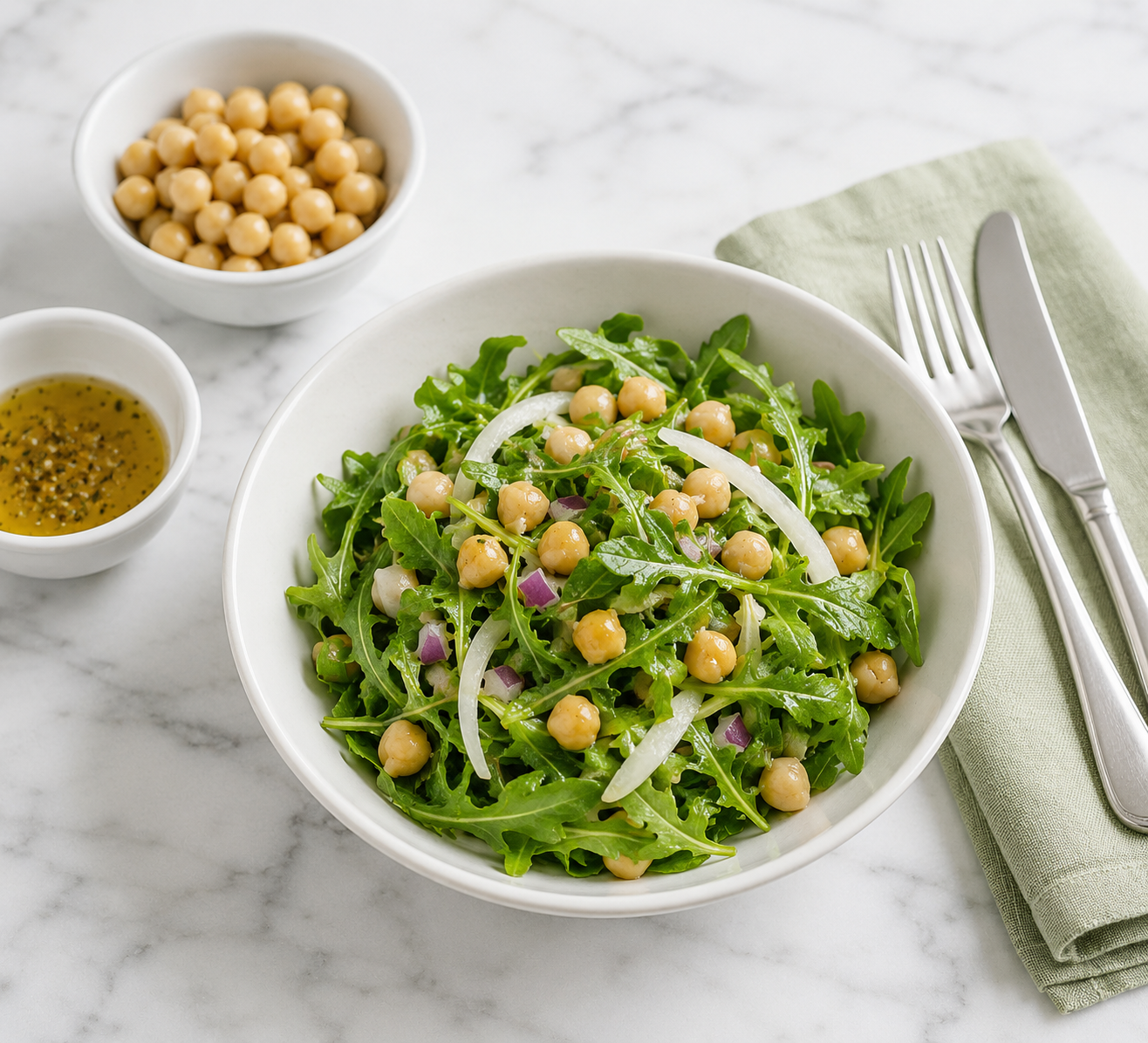 Insalata di ceci e rucola in ciotola bianca su piano di marmo, con vinaigrette, ceci, posate d’argento e tovagliolo verde chiaro