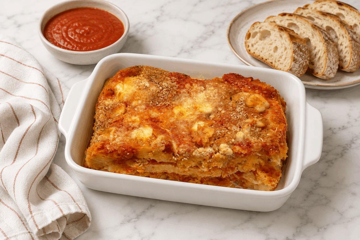 Lasagna rustica di pane raffermo con mozzarella e pomodoro servita in pirofila da forno su piano in marmo con pane casereccio e passata di pomodoro