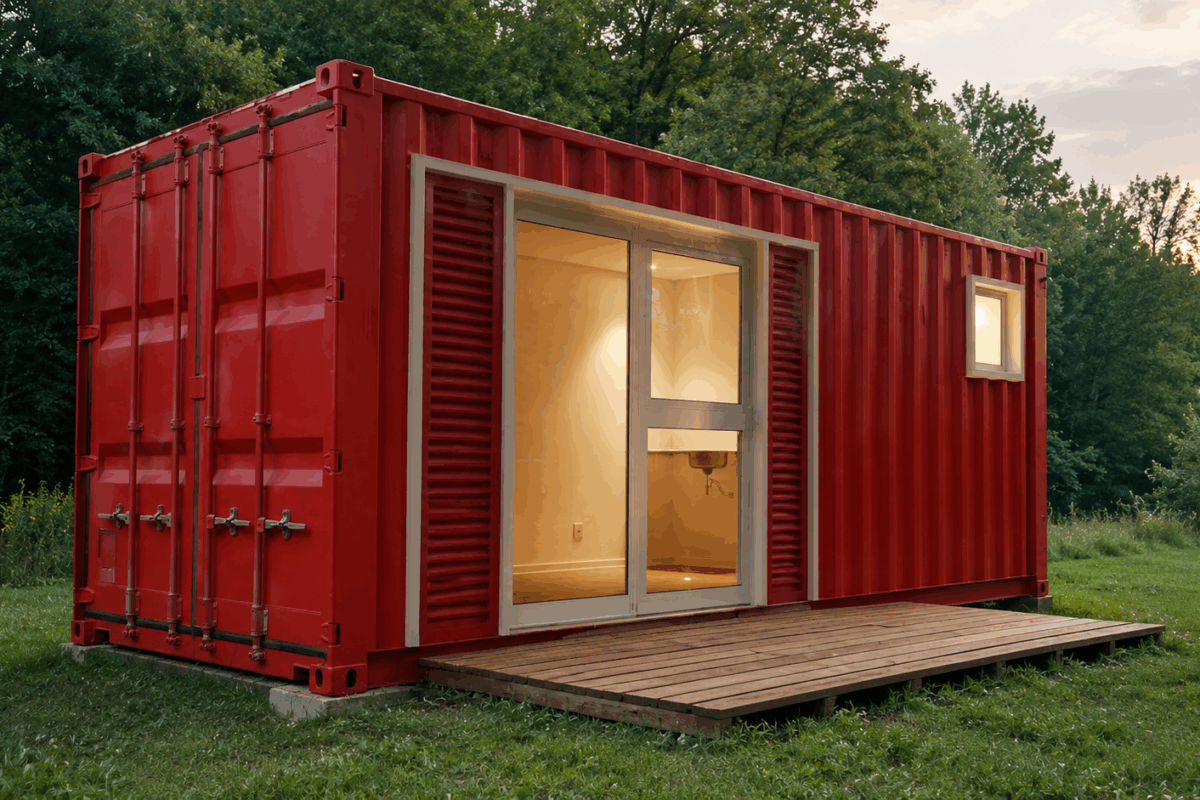 Tiny house ricavata da un container rosso con porta vetrata e piattaforma in legno, immersa in un prato vicino a un bosco.