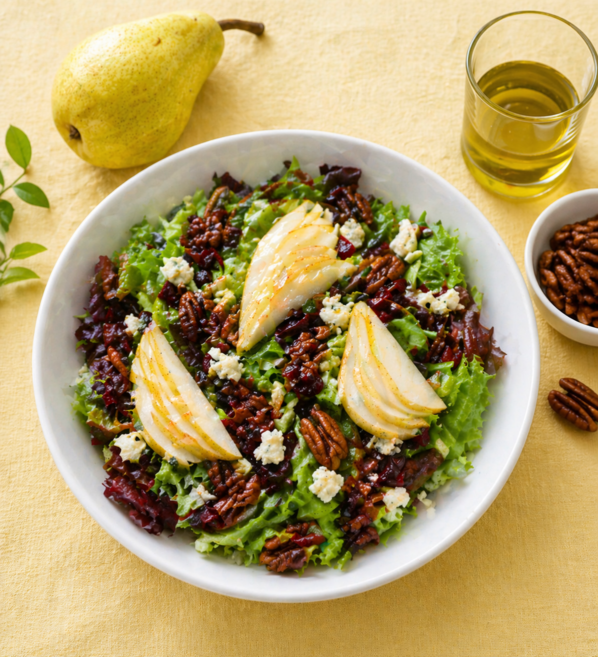 Insalata con pere fresche, cipolle caramellate e noci pecan in ciotola bianca su tovaglia di lino giallo con olio e frutta