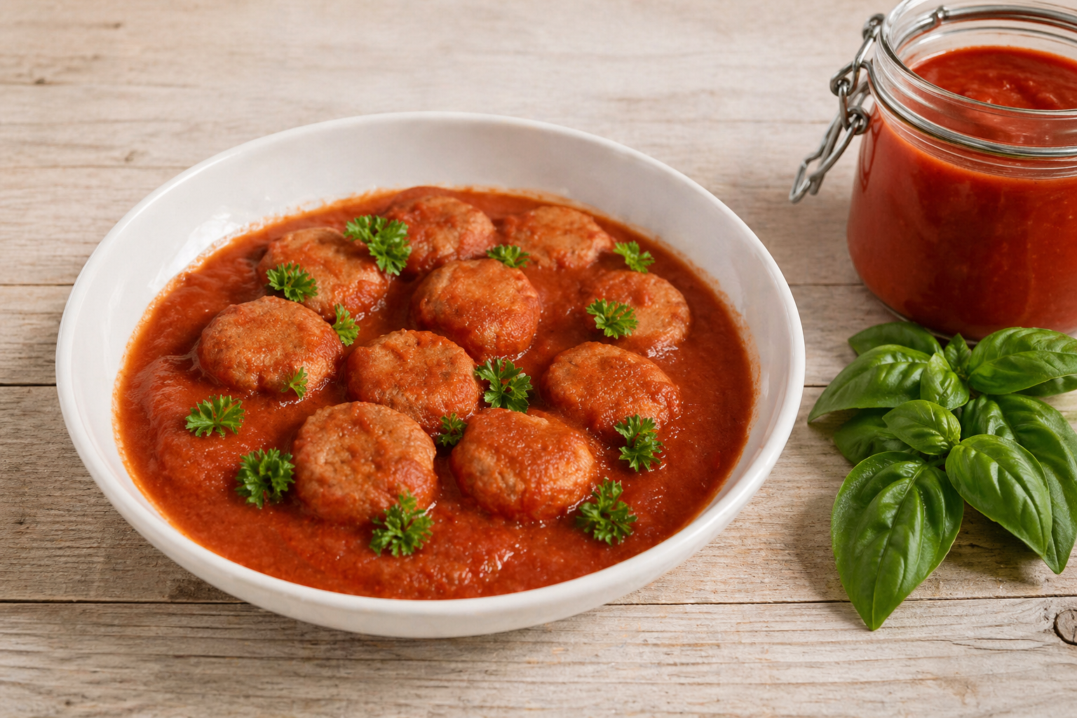 Polpette al sugo servite in piatto bianco su tavolo in legno chiaro con vasetto di passata di pomodoro e foglie di basilico fresco accanto