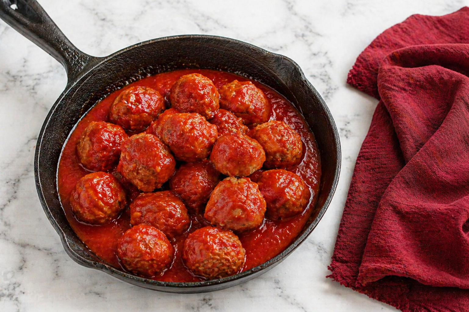 Polpette vegetariane al sugo in padella di ghisa su piano di marmo bianco con canovaccio bordeaux