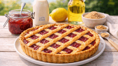 Crostata alla marmellata di fragole con griglia dorata su tavolo al sole, accanto a barattolo di confettura, latte di soia, olio di semi, zucchero di canna e limone