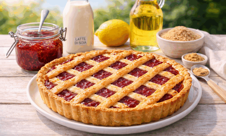 Crostata alla marmellata di fragole con griglia dorata su tavolo al sole, accanto a barattolo di confettura, latte di soia, olio di semi, zucchero di canna e limone