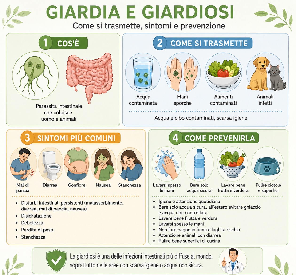 Alt textInfografica illustrata sulla Giardia e la giardiosi con sintomi intestinali, modalità di contagio, prevenzione e consigli igienici per uomo e animal