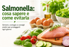 Petto di pollo crudo con uova e verdure fresche su un piano cucina, immagine che rappresenta i rischi di salmonella e le buone pratiche alimentari