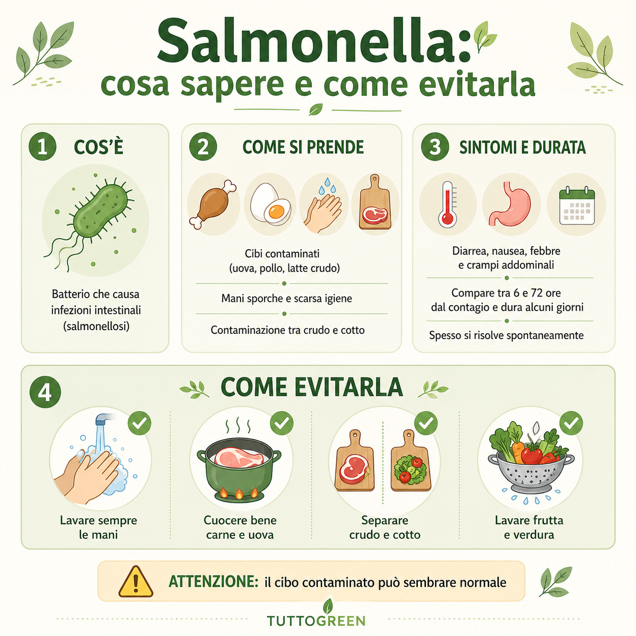 Infografica sulla salmonella con sintomi, modalità di contagio e consigli pratici per evitarla in cucina