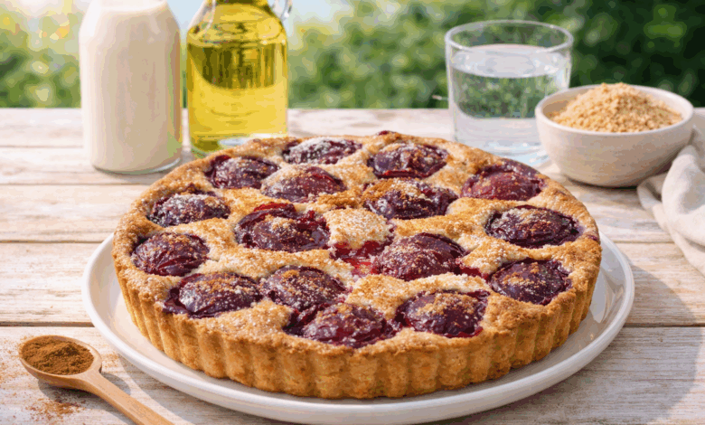 Torta rotonda di prugne con superficie dorata e cannella su tavolo al sole, accanto a latte vegetale, olio di semi, acqua e mandorle in polvere