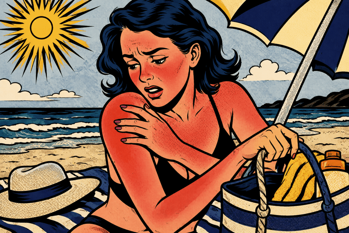 llustrazione in stile pop art di una donna in spiaggia con forte arrossamento da sole su viso, spalle e braccia, mentre si prepara ad andare via per il bruciore causato dall’eritema solare.