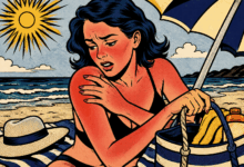llustrazione in stile pop art di una donna in spiaggia con forte arrossamento da sole su viso, spalle e braccia, mentre si prepara ad andare via per il bruciore causato dall’eritema solare.
