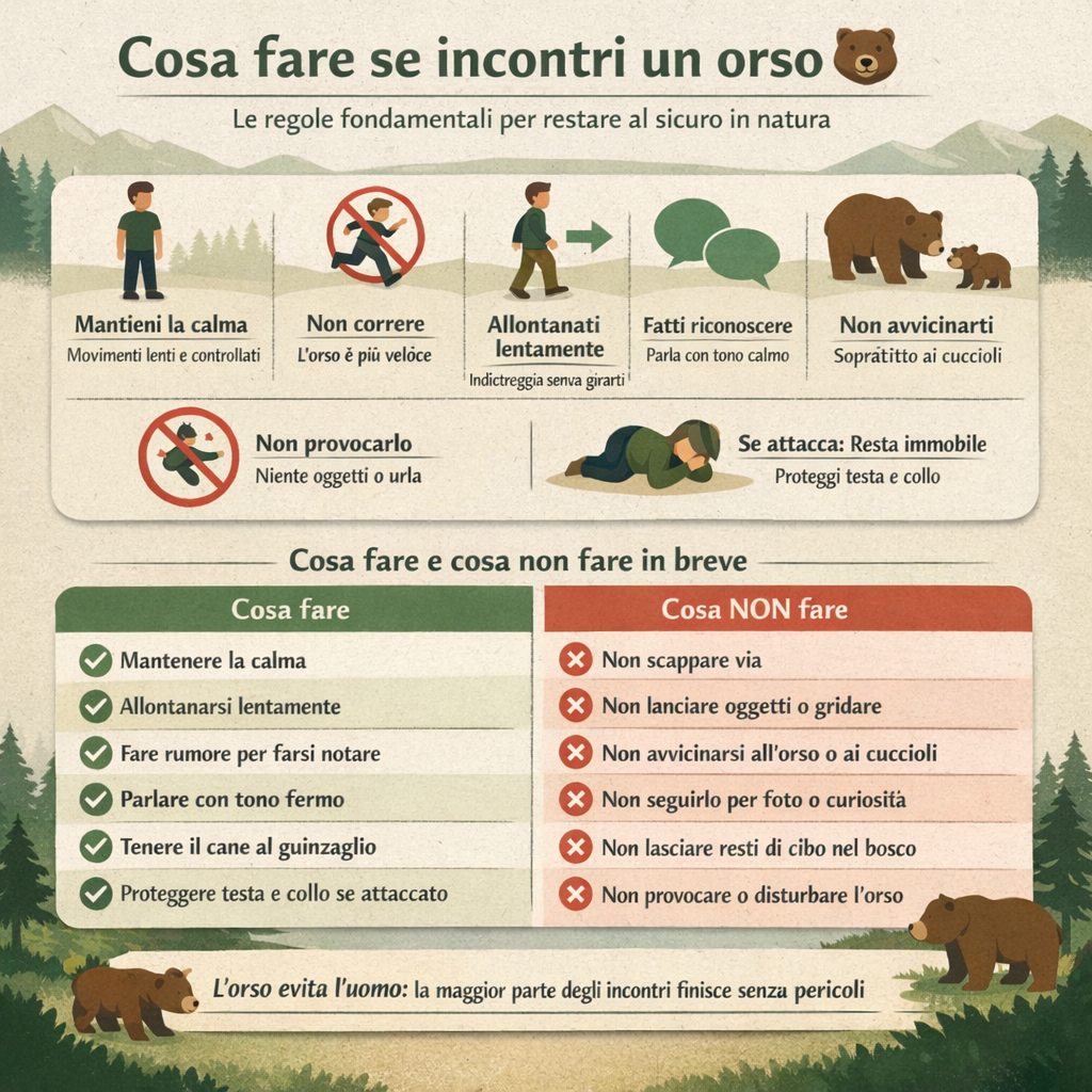 Infografica su cosa fare se incontri un orso con regole di sicurezza e comportamenti da evitare in natura