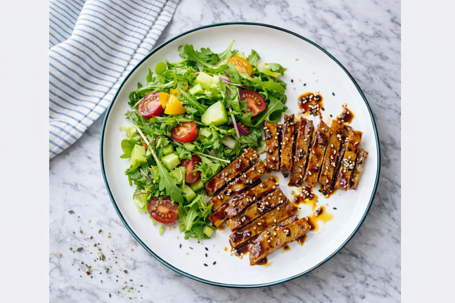 Piatto sano con tofu grigliato glassato e insalata fresca servito su tavolo in marmo bianco con canovaccio a righe azzurre