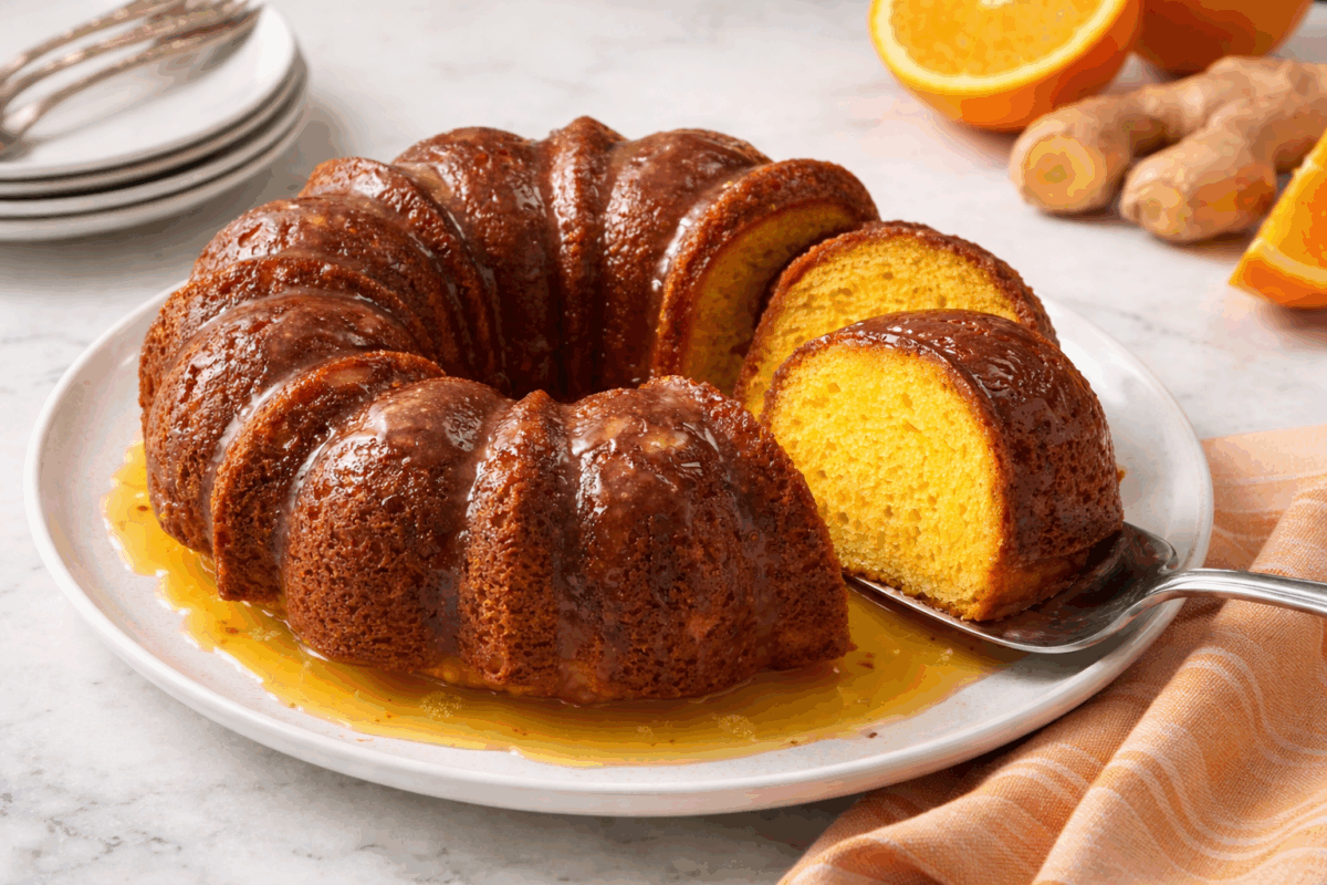 torta allo zenzero vegana con salsa all’arancia su piatto bianco con fetta servita su paletta