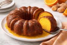torta allo zenzero vegana con salsa all’arancia su piatto bianco con fetta servita su paletta