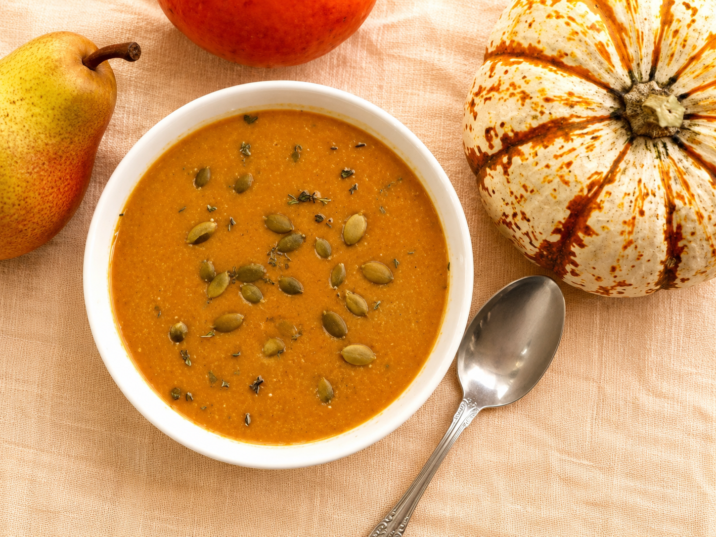 Vellutata di ceci, zucca e pera Williams servita in una ciotola bianca con semi di zucca, accanto a una zucca decorativa e a un cucchiaio d’argento su tovaglia di lino arancione chiaro