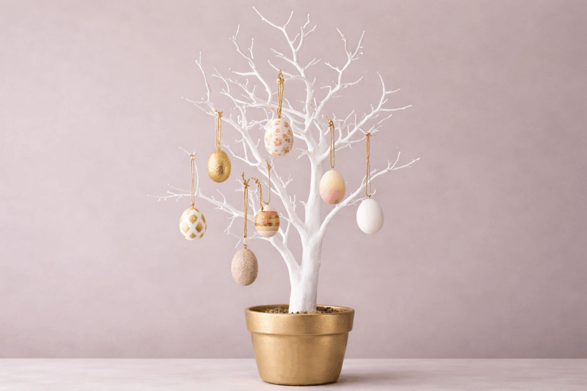 Albero di Pasqua decorativo con rami bianchi in vaso dorato e uova appese, idea per decorazioni pasquali fai da te.