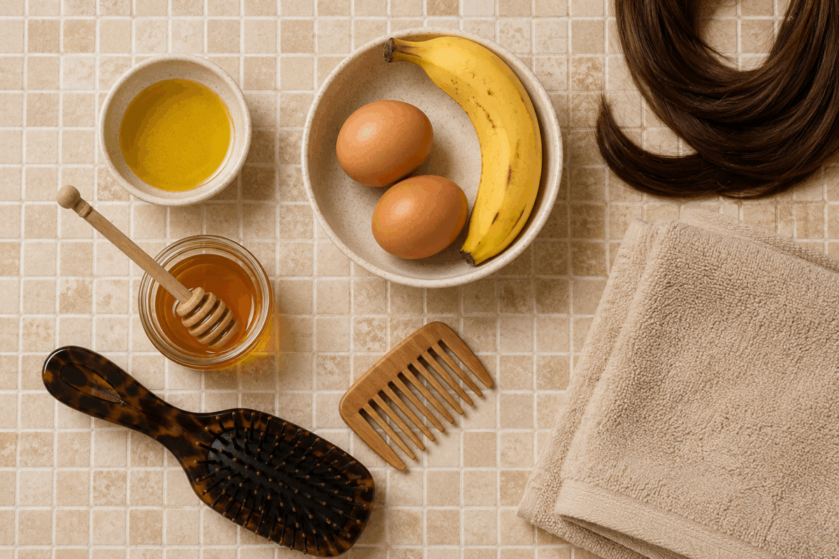 con ciotola di olio d’oliva, vasetto di miele, ciotola con due uova e una banana, spazzola effetto tartaruga, pettine di legno a denti larghi, asciugamano beige piegato e ciocca di capelli bruni.